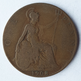 Монета один пенни, Великобритания, 1908г.